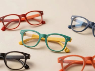 Colorful flexible children glasses frames on a soft neutral background, bright friendly lighting.
