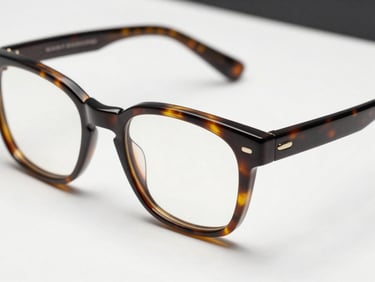 Close-up of modern acetate glasses frames in tortoiseshell pattern on a clean white surface, bright natural lighting.