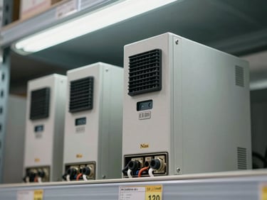 Close-up of industrial power supply units stacked on a shelf with visible wiring terminals, overhead warehouse fluorescent lighting, steel shelving background