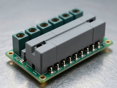 Extreme close-up of a PLC module circuit board with labeled terminals, studio side-lighting on component pins, neutral steel surface underneath