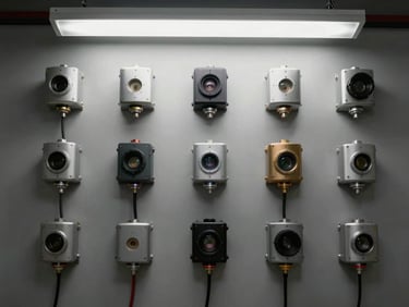 Overhead flat-lay of multiple industrial sensors arranged in a grid on a neutral gray surface, overhead fluorescent light, precise spacing between components