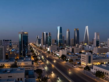 Panoramic dusk aerial view of Riyadh's King Fahd Road corridor, city lights beginning to glow in the deep blue twilight sky, delivery motorcycles visible as small moving points of light on the highway below, wide cinematic framing with the skyline occupying the right two-thirds