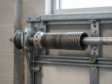 Close-up of a heavy-duty steel garage door torsion spring, bright natural daylight, sharp focus, clean industrial tones, 35mm lens