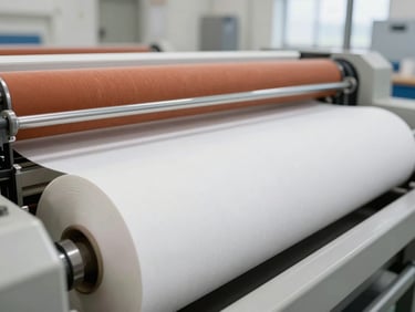 Close-up of automated machinery on a tissue paper converting line, rolls of pulp being fed, clean and sterile environment, bright industrial light, 35mm