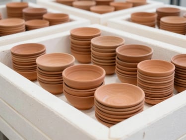 Organized stacks of terracotta bowls and plates in a large, clean kiln, warm earthy tones, bright natural light, 35mm