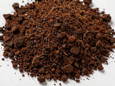 Macro flat-lay of dark brown vermicompost granules spread across a matte white surface, diffused natural daylight from above, visible granule and organic fibre texture, no labels or text, no plants or soil mounds