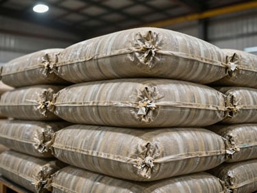 Macro close-up of vermicompost bulk packaging bags stacked in a warehouse, woven polypropylene texture visible, overhead industrial lighting, scale context