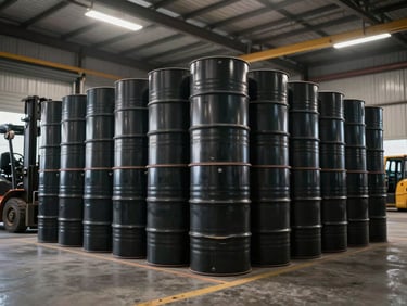 Wide shot of stacked export-ready HDPE drums on a warehouse loading dock, overhead fluorescent lighting, forklift visible at left edge, industrial scale context