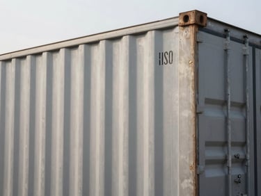 Close-up side view of a stainless steel ISO tank container in an outdoor port yard, overcast daylight, no text visible, industrial framing