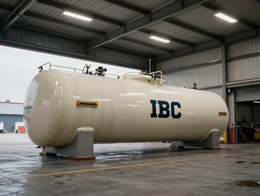 Wide shot of an IBC flexi-tank inside a shipping container at a loading dock, overhead warehouse lighting, no text or labels, industrial context