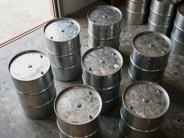 Flat-lay overhead shot of sealed 200-litre steel drums on a warehouse concrete floor, natural daylight from a loading bay door, no labels or text visible