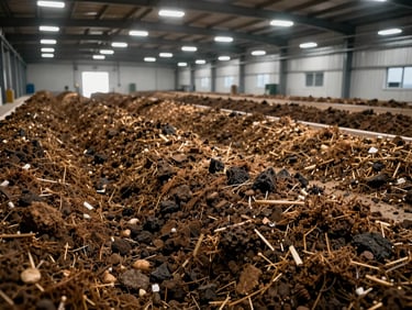 Wide environmental shot of a vermicompost production facility interior, rows of compost beds under diffused overhead lighting, production scale visible, no people