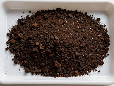 Flat-lay of dark vermicompost granules spread on a white laboratory tray, overhead natural daylight, granule texture sharply visible, soil sample context