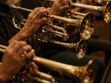 Dynamic shot of brass instruments under warm amber lights, shallow depth of field, 35mm film.