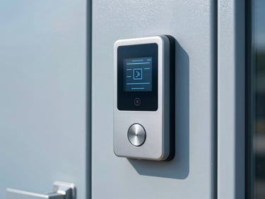 Modern biometric access control panel on a secure door, clean industrial photography, bright lighting, cool blue tones.