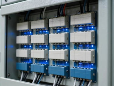 Close-up of a neatly wired industrial control panel with circuit boards, cool blue lighting, sharp focus, technical details.
