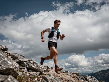 Mountain ultra runner sprinting on a rocky ridge, dramatic clouds in background, intense physical effort, high contrast outdoor daylight photography