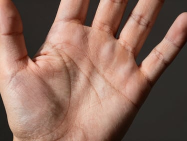 Macro close-up of the upper palm showing the heart line curving below the fingers, studio strobe raking light, strong shadow contrast in the creases, neutral dark background, light skin tone