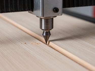Macro shot of a high-speed CNC router bit carving a clean channel into premium birch plywood, fine wood dust, industrial precision.