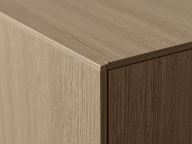 Extreme close-up of a flawless 1mm edge-banded oak veneer panel, showing a perfectly seamless joint line with no adhesive residue.