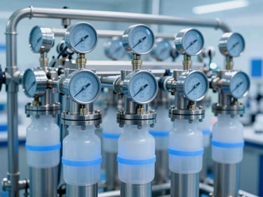 Industrial reverse osmosis filtration system with stainless steel pipes and digital pressure gauges, crisp sterile blue lighting.