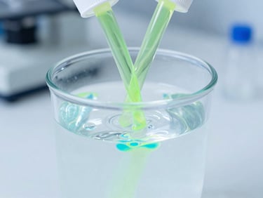Close-up of a premium fluorescent coolant additive being poured into a pristine, clear reservoir of pure water, creating vibrant neon green and cyan fluid dynamics, sterile laboratory lighting.