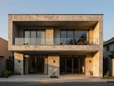 Architectural exterior of a modern luxury villa in Greater Noida, minimalist concrete facade, warm golden-hour daylight, professional photography