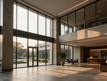 Modern minimalist commercial office lobby in Noida, clean concrete lines, warm sunlight streaming through high glass windows, interior architectural photography.