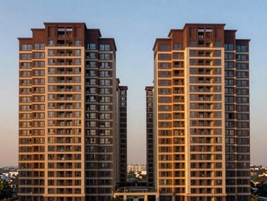 Wide-angle view of a modern residential high-rise complex in Noida during golden hour, straight vertical lines, professional editorial style