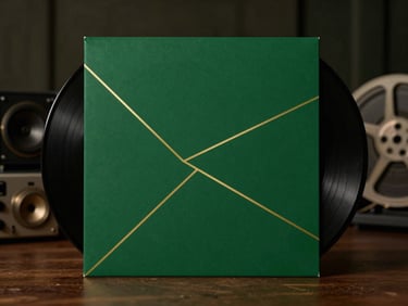 A clean vinyl record mockup with minimalist gold geometric patterns on a deep forest green sleeve, moody studio lighting