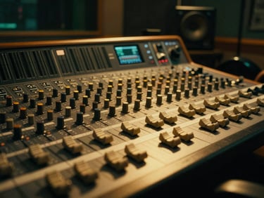 Cinematic medium close-up of a modern recording studio, warm golden lighting reflecting off an audio mixing console, deep green shadows, professional 35mm photography