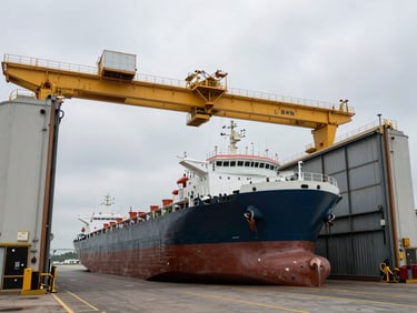 Extreme wide shot of a massive drydock under overcast skies, a commercial barge positioned inside the steel walls, heavy gantry cranes overhead.