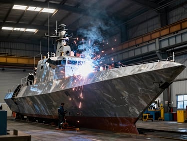 Dramatic industrial interior of a shipyard bay, bright welding arcs casting sharp light on a sleek aluminum combatant craft hull.