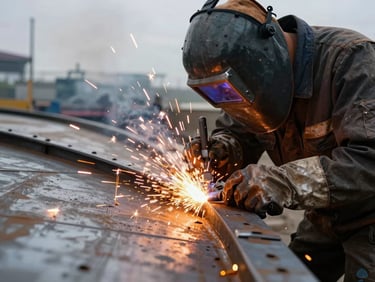 Dramatic close-up of a structural welder at work inside a steel hull section, bright orange sparks flying against raw steel plates, high-contrast overcast light filtering through.