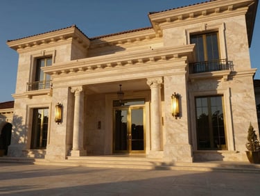 Wide-angle architectural facade of a luxury villa with limestone pillars and brass details, soft dramatic shadows, golden hour.