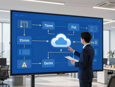 Digital workflow diagram on a large screen in a modern office, IT professional reviewing data, cloud icons, bright office lighting.