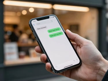 Close-up of a smartphone screen lit up with a notification showing a new lead message, hand holding the phone over a blurred storefront counter, warm window light from behind