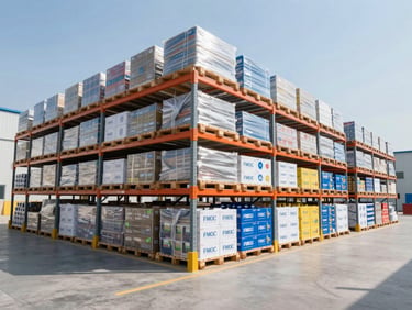 Wide-angle environmental shot of a modern high-bay warehouse with organized pallet racks of bulk FMCG goods under bright natural daylight.