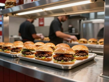 Close environmental shot of a QSR burger counter during service, stainless steel prep surfaces under warm overhead lighting, fresh-assembled burgers on a tray in the foreground, crew working in background