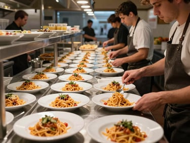 Wide environmental shot of a fast-casual Italian restaurant service floor during lunch rush, warm available light, pasta dishes mid-plating on the pass, kitchen visible through a service window in the background
