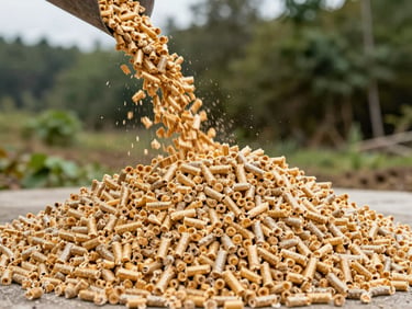 High-quality ENplus A1 wood pellets pouring into a clean pile, showing consistent shape and bright golden-brown color