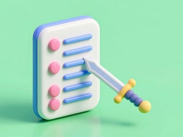 Isometric 3D render of an 8-bit sword piercing a giant glossy checklist, bright mint green background, playful clay texture.