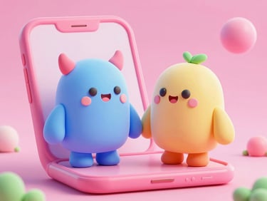 Chunky 3D render of two cute pastel clay monsters holding hands across a floating pink phone screen, soft neon glow.