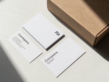 Flat lay of a complete brand system — label, business card, and folded box — arranged on an off-white surface, natural north-light, tight overhead framing showing system cohesion