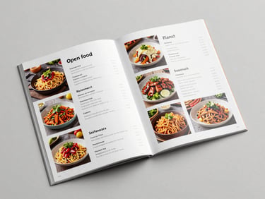 Open food catalogue spread flat on a light warm-grey surface, studio even-lighting, tight overhead shot showing menu typography, food photography placements, and clean grid layout