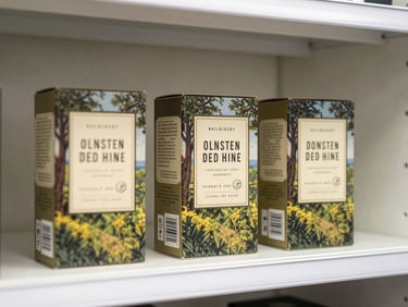 Three product boxes standing upright on a white shelf — illustrated label artwork facing forward, tight studio shot, even overhead lighting, no people