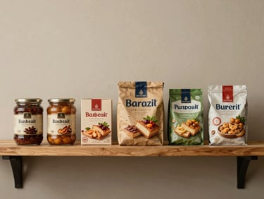 Wide shelf view of six different branded food packages in a row — jars, boxes, and pouches — photographed straight-on under studio even-lighting, warm neutral background, no human presence, tight environmental framing