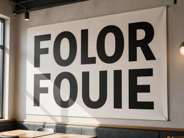 Large-format banner mounted on an interior wall of a minimal restaurant space, natural north-light, waist-up environmental framing, no people, showing bold typographic layout on neutral background