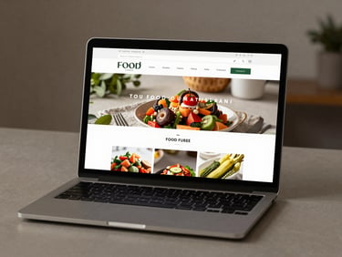 Laptop screen showing a clean food brand website homepage with product photography and navigation, placed on a warm grey desk, studio even-lighting, tight waist-up framing, no people