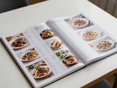 Open food catalogue on a white table showing a full-spread product layout with pricing columns and food photography, shot from above, even natural light, no hands